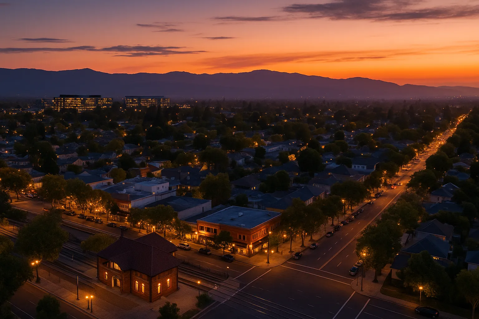 Aerial evening shot of Menlo Park highlighting the historic Caltrain station building with glowing windows in the foreground, tree-lined downtown streets lit by streetlights, and distant bay and hills silhouetted under a warm-to-cool twilight sky.